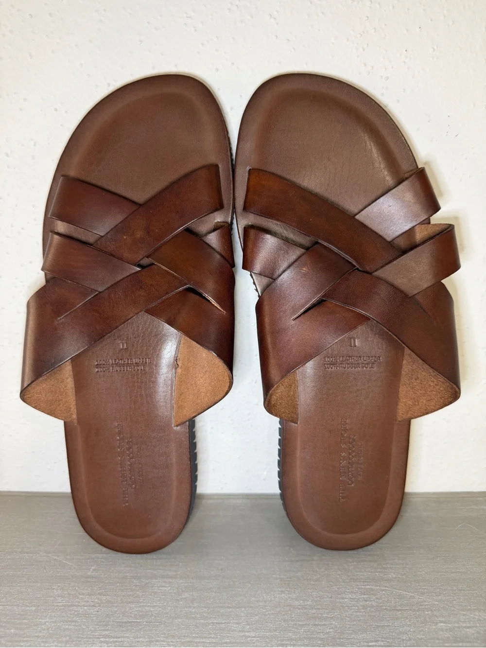 Size 11 - Bloomingdales The Men's Store Leather Cross Strap Woven Sandals Brown